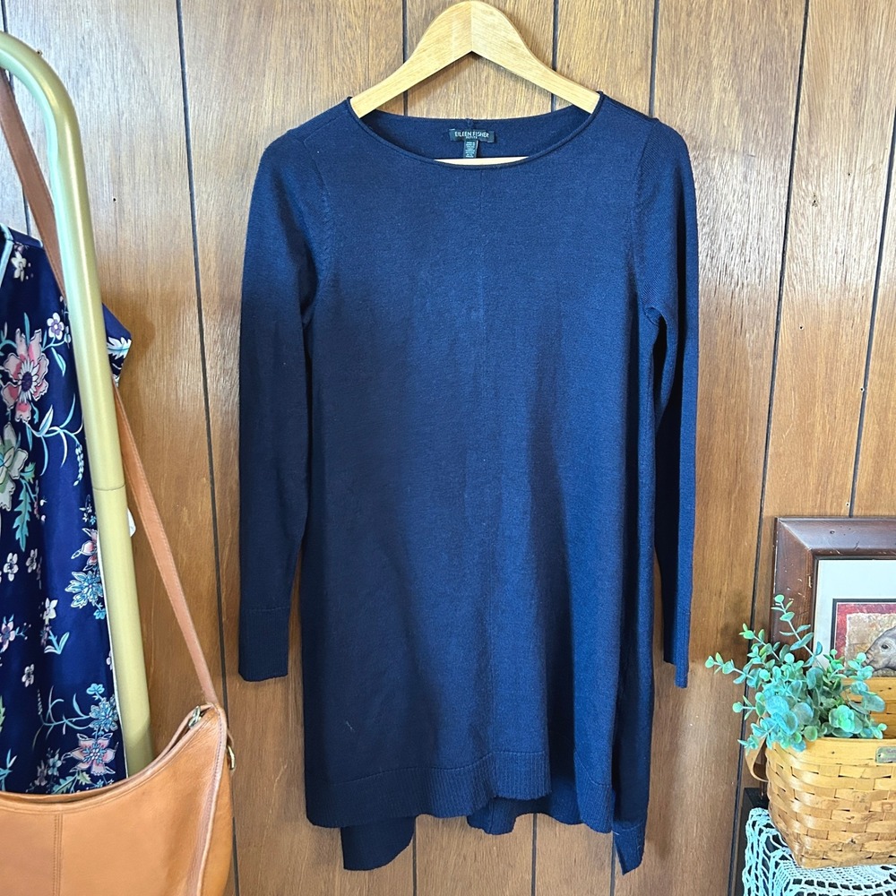 Eileen Fisher Petite Navy Blue Merino Wool Knit Tunic PS